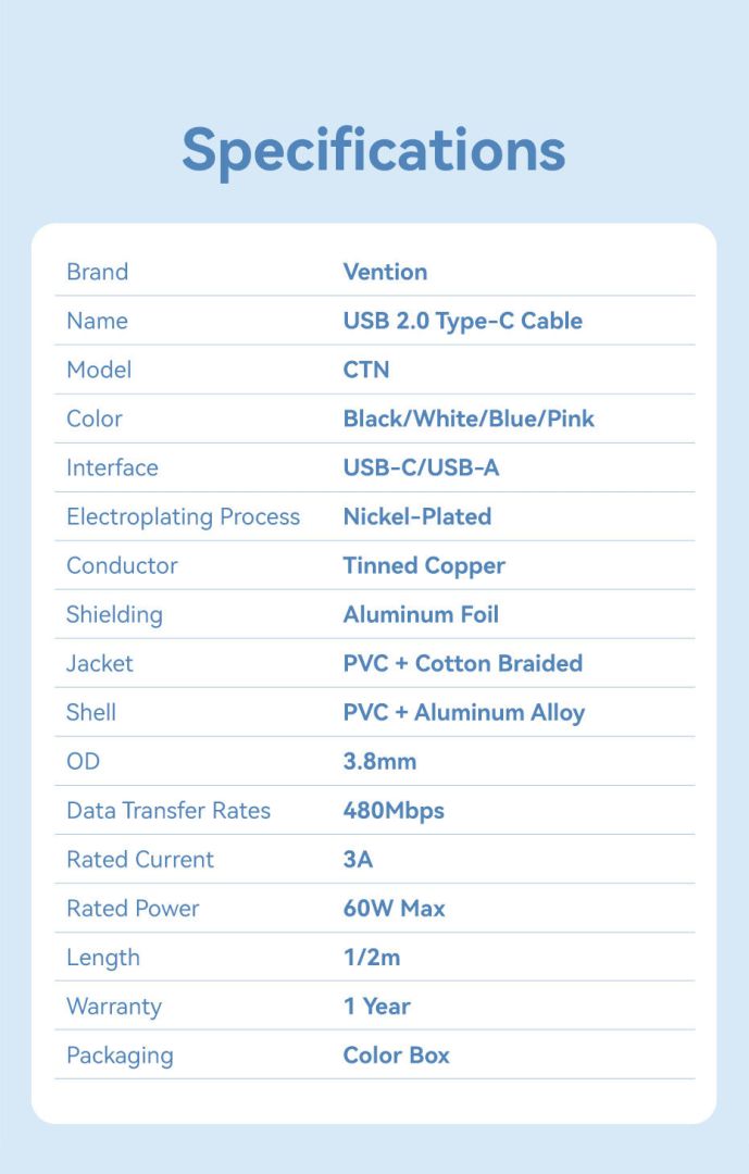 Vention USB 2.0 A Male to C Male 3A Aluminum Alloy Type cable 1m Black
