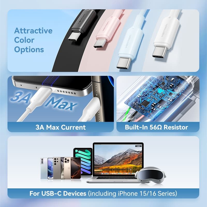 Vention USB 2.0 A Male to C Male 3A PVC Type cable 2m White