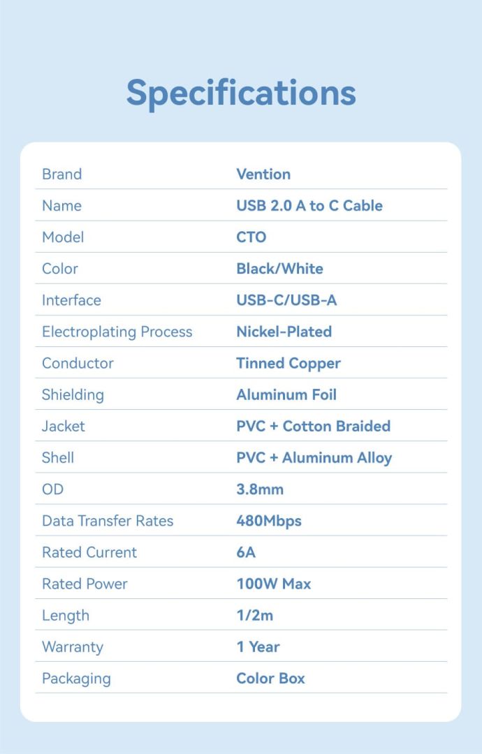Vention USB 2.0 A Male to C Male 6A Aluminum Alloy Type cable 2m White