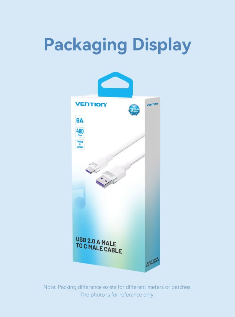 Vention USB 2.0 A Male to C Male 6A Aluminum Alloy Type cable 2m White