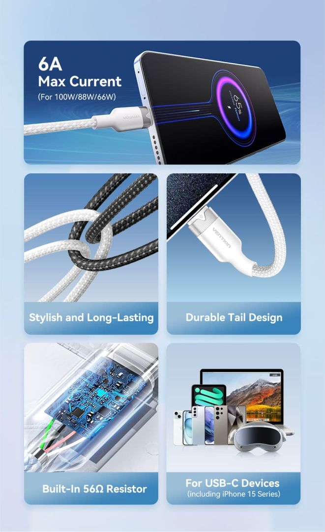 Vention USB 2.0 A Male to C Male 6A Aluminum Alloy Type cable 2m White