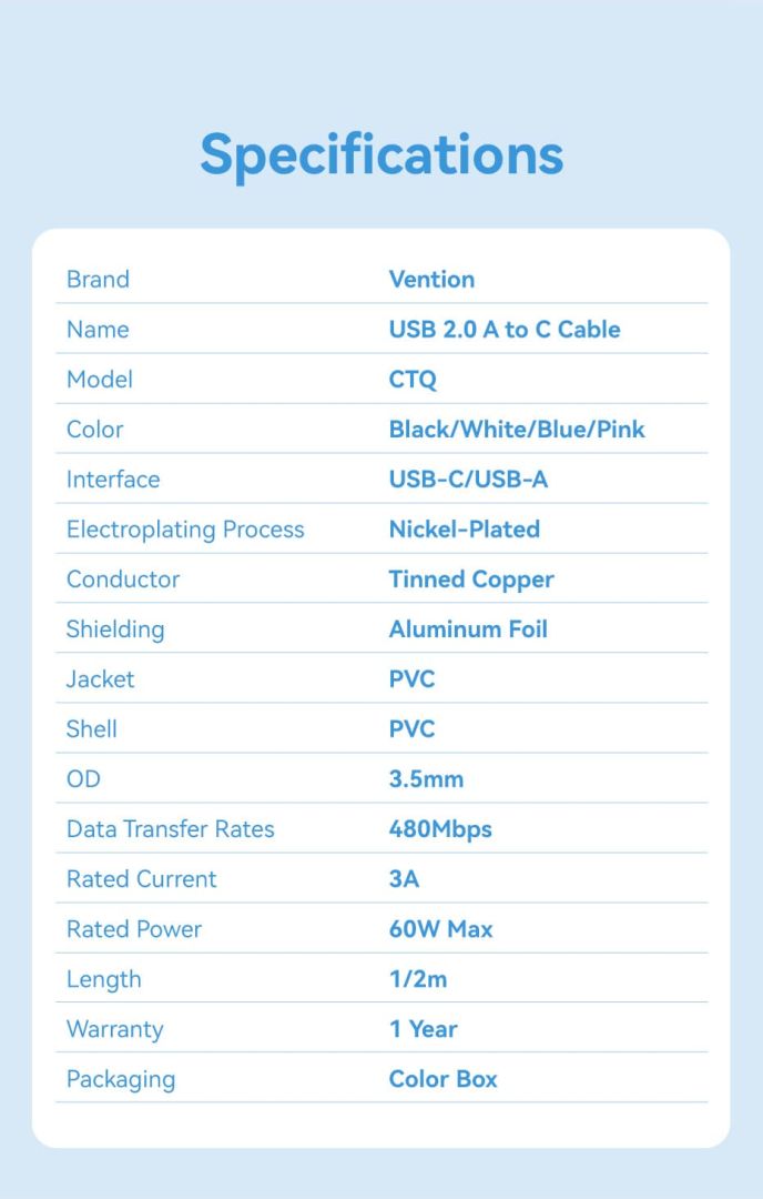 Vention USB 2.0 A Male to C Male 3A PVC Type cable 2m Pink