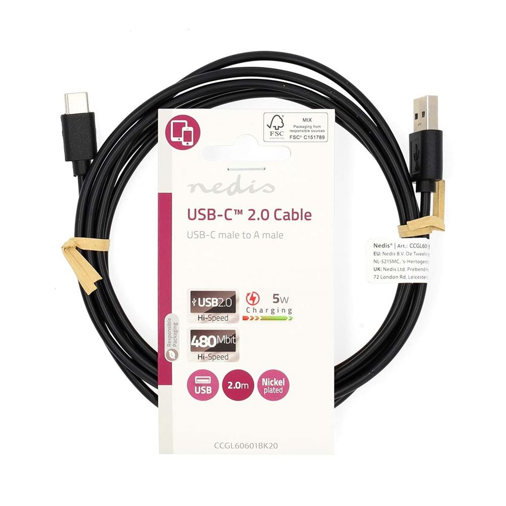 Nedis USB 2.0 USB-A Male to USB-C Male 5W USB Cable 2m Black