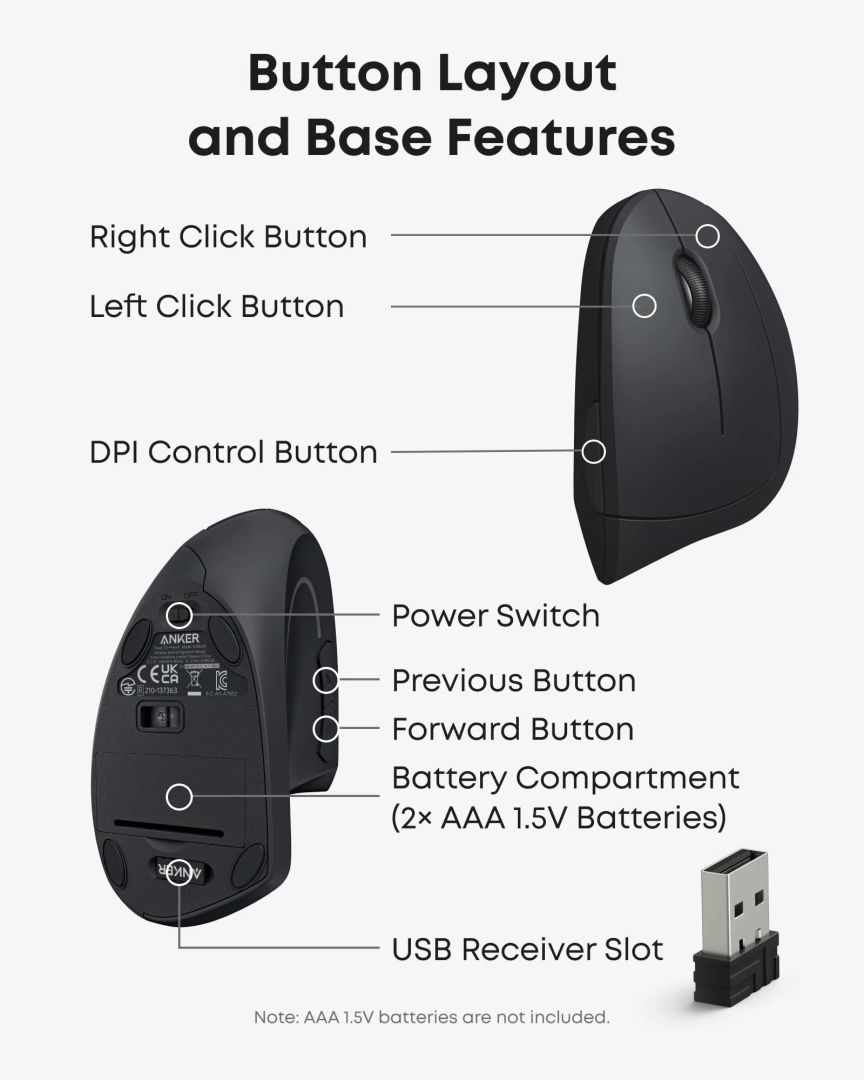 ANKER A7852 Wireless Vertical Ergonomic Optical Mouse Black