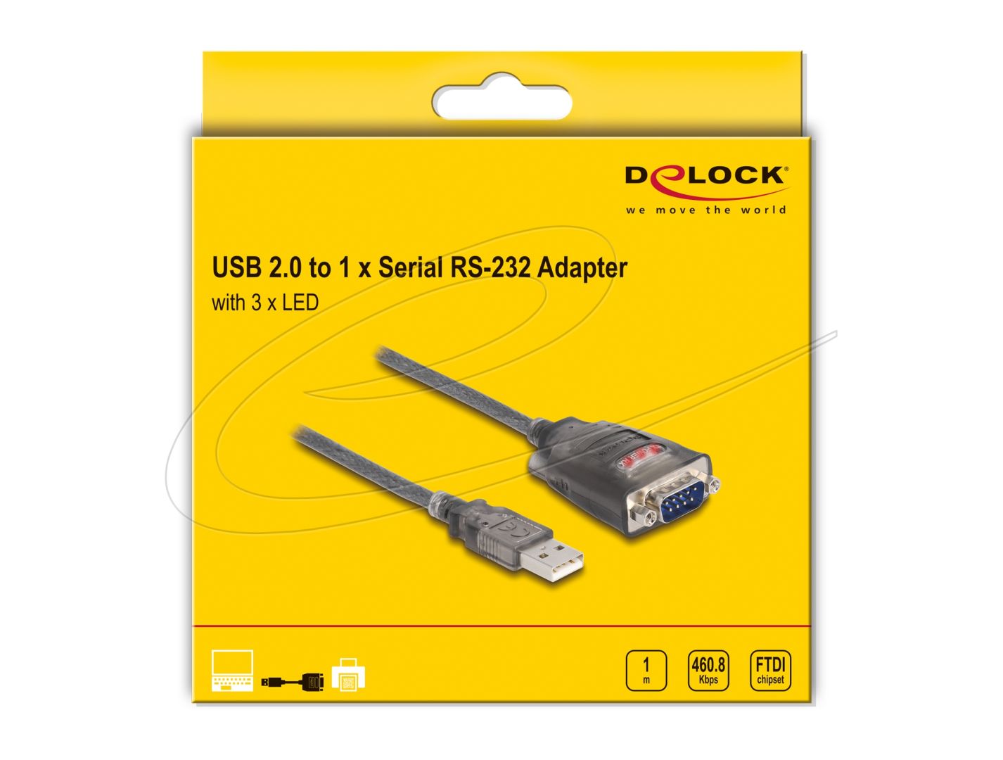DeLock Adapter USB 2.0 Type-A to 1 x Serial RS-232 D-Sub 9 pin male with nuts with 3xLED 1m Black