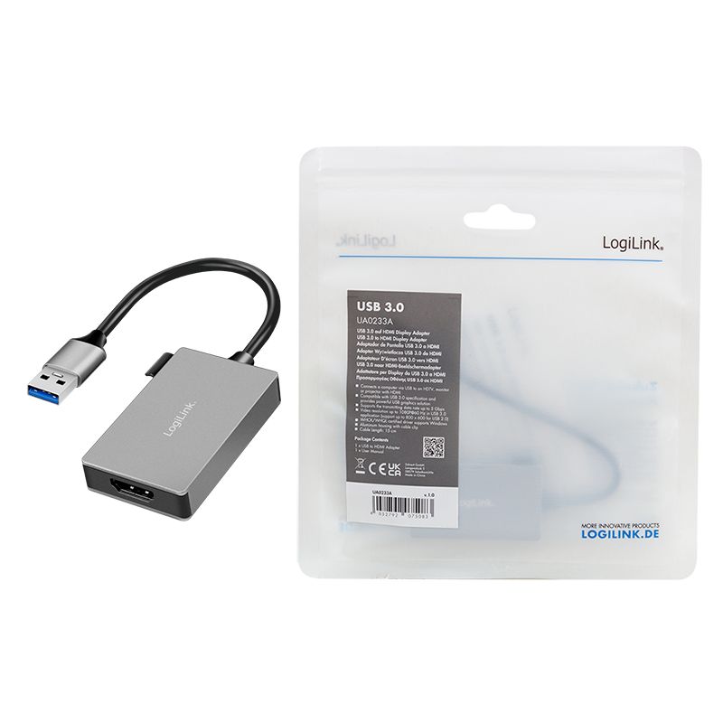 Logilink USB 3.0 adapter USB-A/M to HDMI-A/F 1080p 0,15m Grey