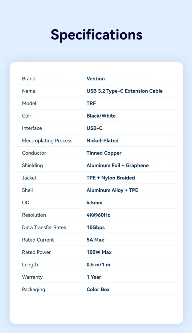 Vention USB 3.2 Gen2 C Male to C Female 10Gbps Extension Aluminum Alloy Type cable 1m White