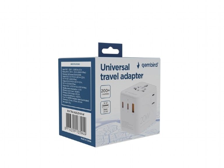 Gembird Universal travel power adapter 20W White