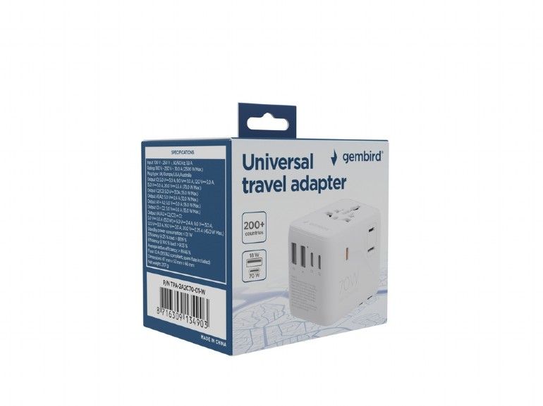 Gembird Universal travel power adapter 70W White