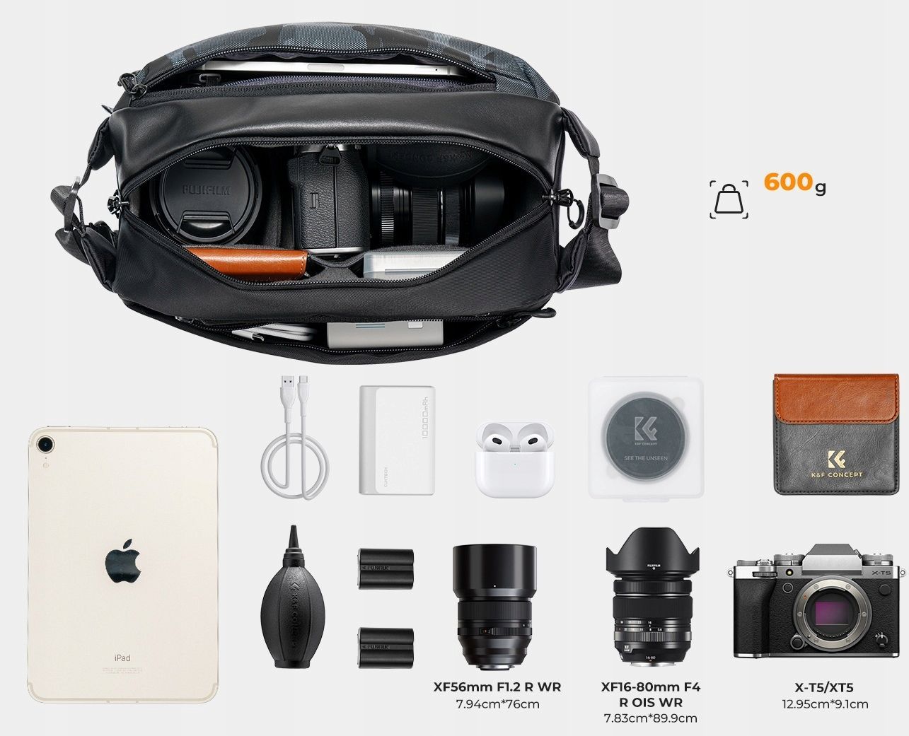 K&F Concept 2in1 Sling Bag Everyday Shoulder Bag & Photography Camera Backpack 10L Black/Grey Camo