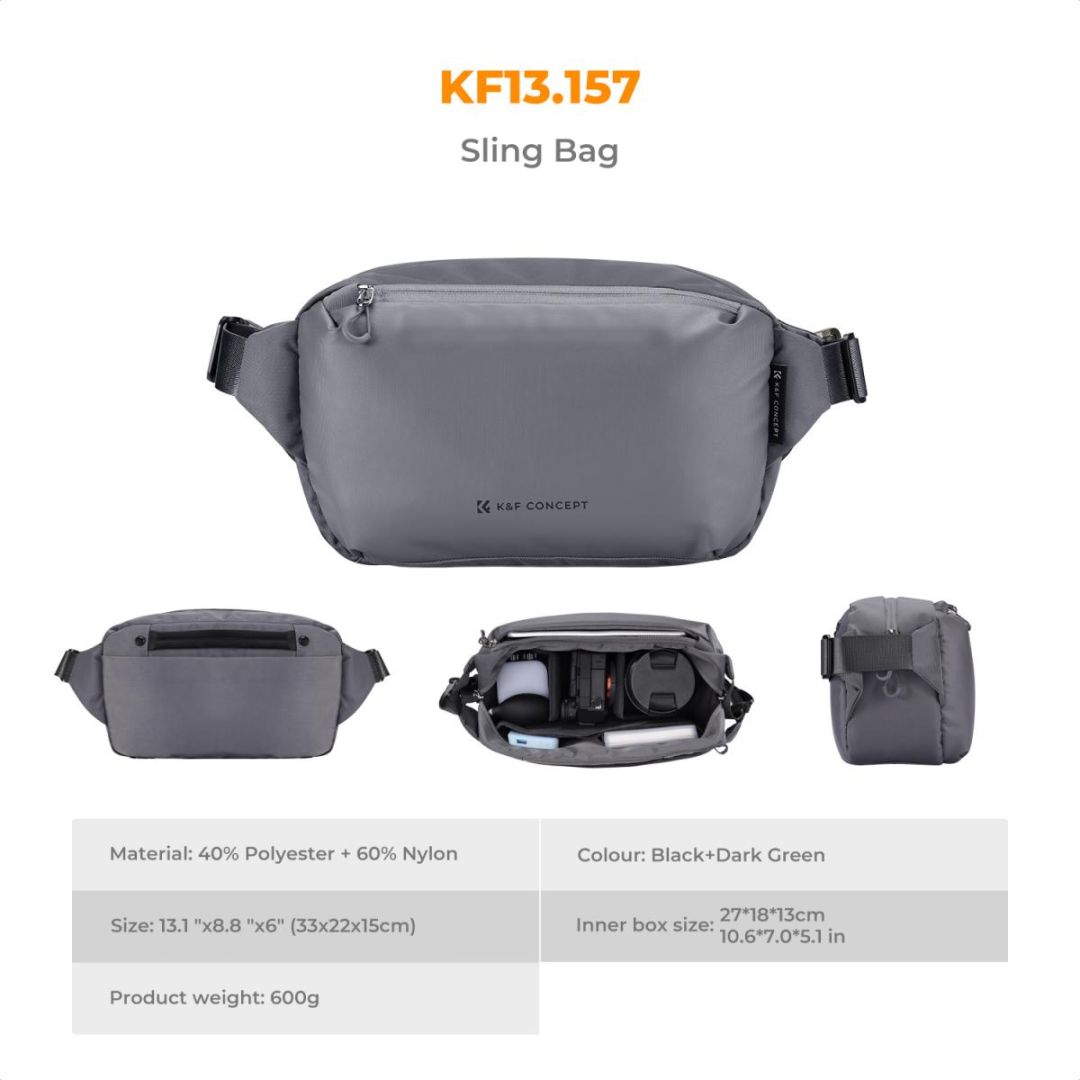 K&F Concept 2in1 Sling Bag Everyday Shoulder Bag & Photography Camera Backpack 10L Dark Grey