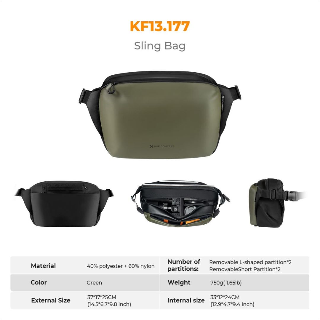 K&F Concept 2in1 Sling Bag Everyday Shoulder Bag & Photography Camera Backpack 12L Green