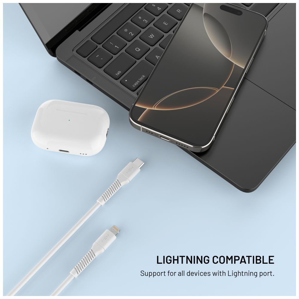 FIXED USB 2.0 hajlékony szilikon kábel USB-C/Lightning 1,2m, fehér