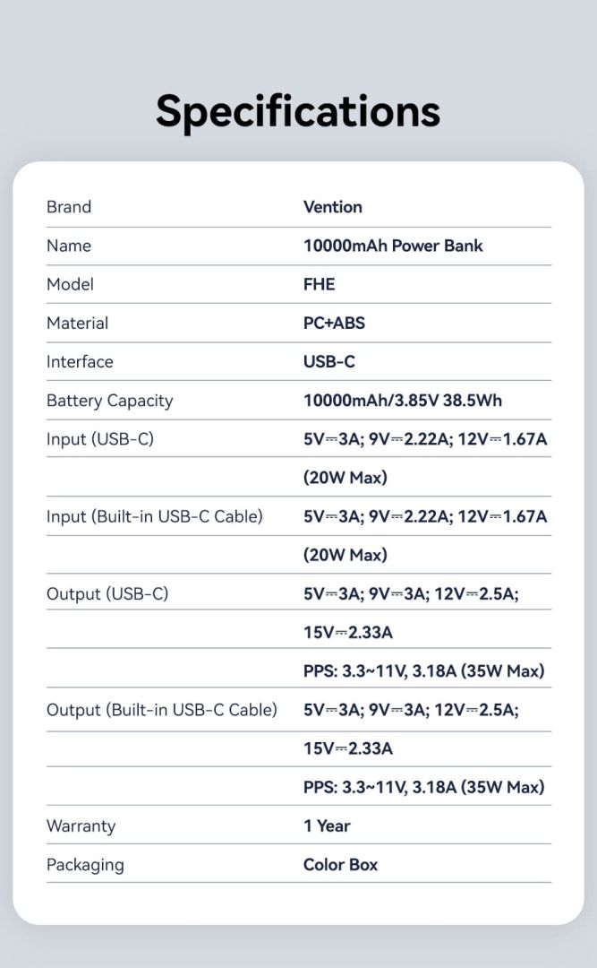 Vention 10000mAh Power Bank Beige