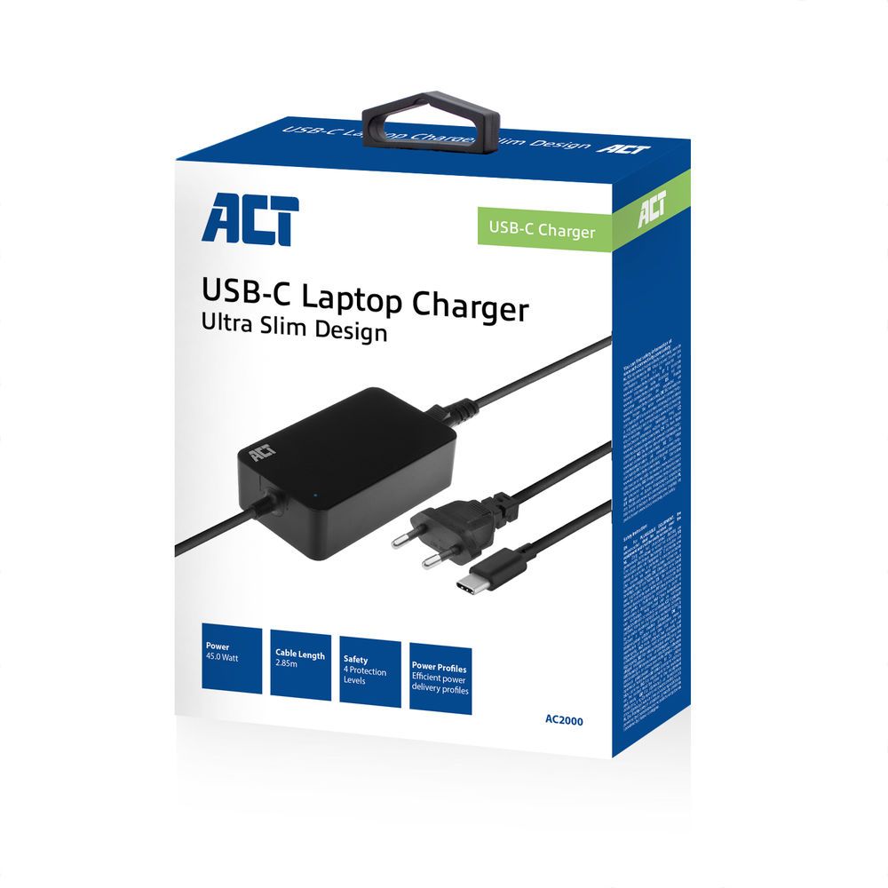 ACT AC2000 USB-C laptop charger with Power Delivery profiles 45W Black