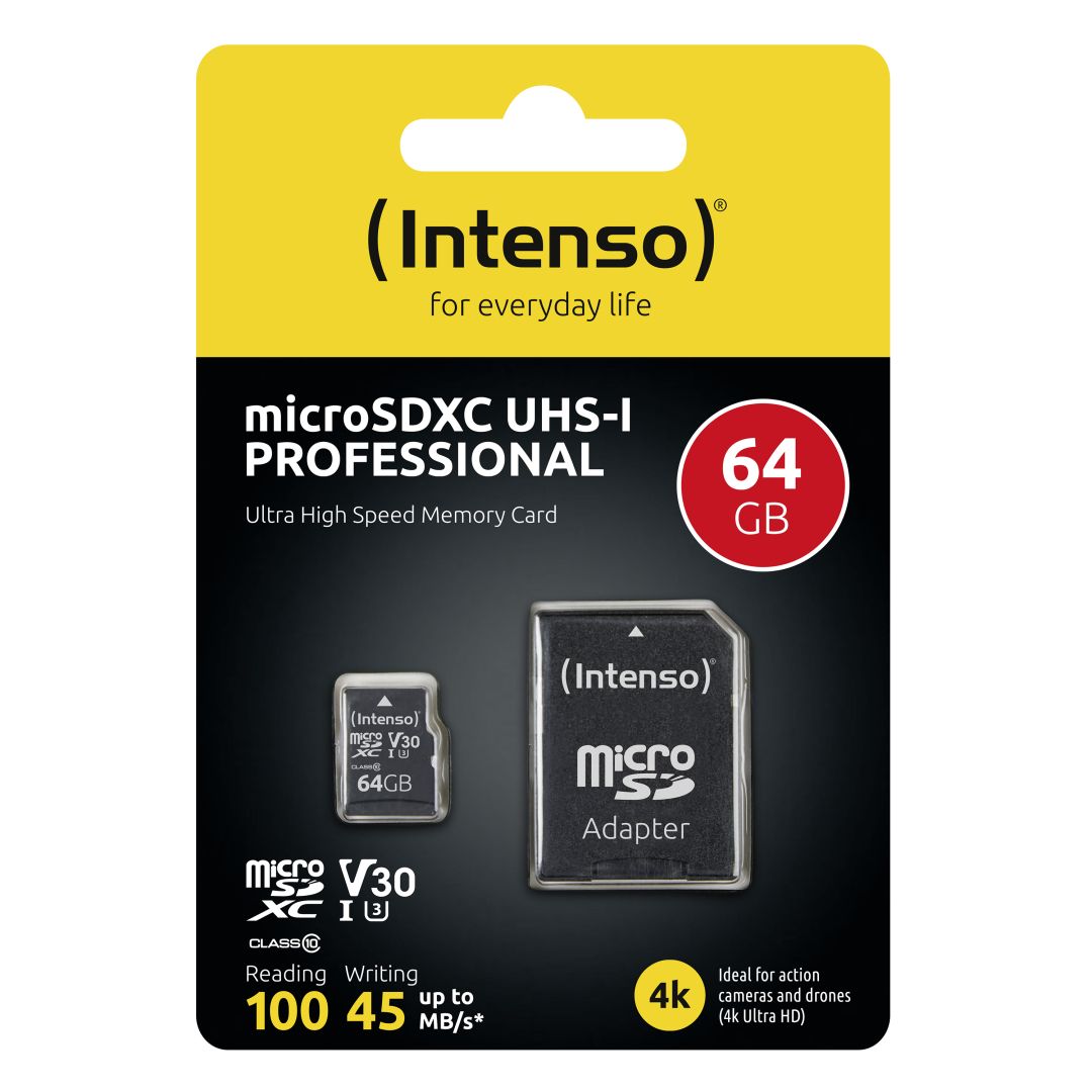 Intenso 64GB microSDXC Professional Class 10 U3 V30 + adapterrel