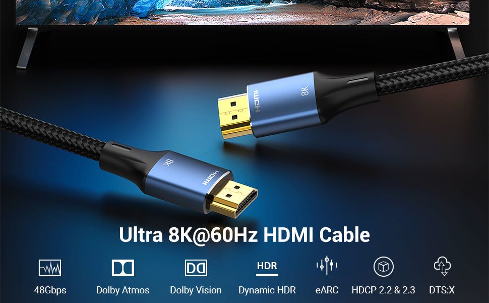 Vention Cotton Braided HDMI-A Male to Male HD Cable 8K 5m Blue Aluminum