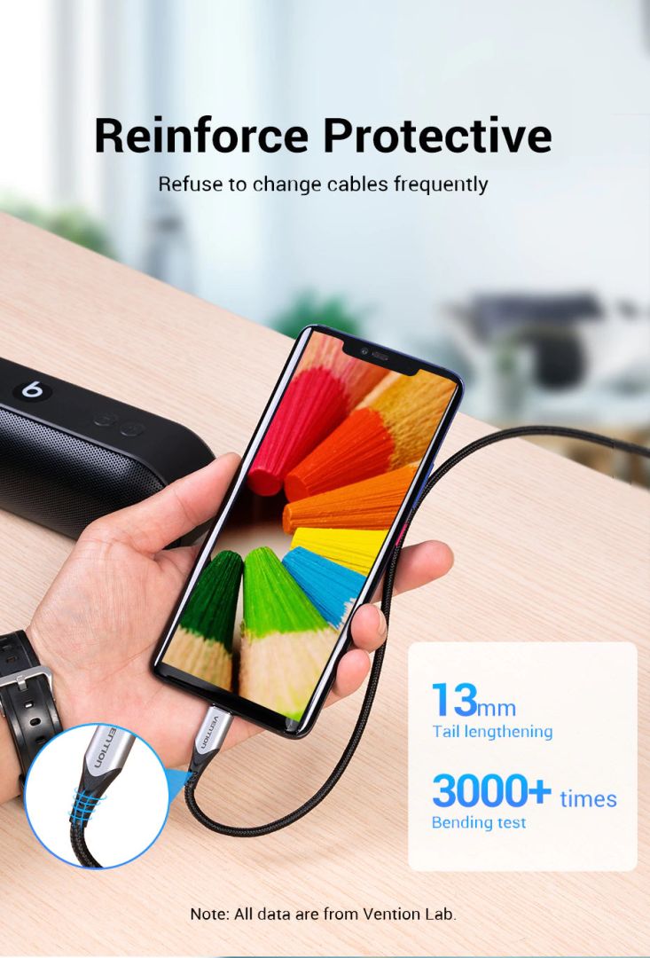 Vention Cotton Braided USB 2.0 A Male to C Male 3A Cable 1m Gray