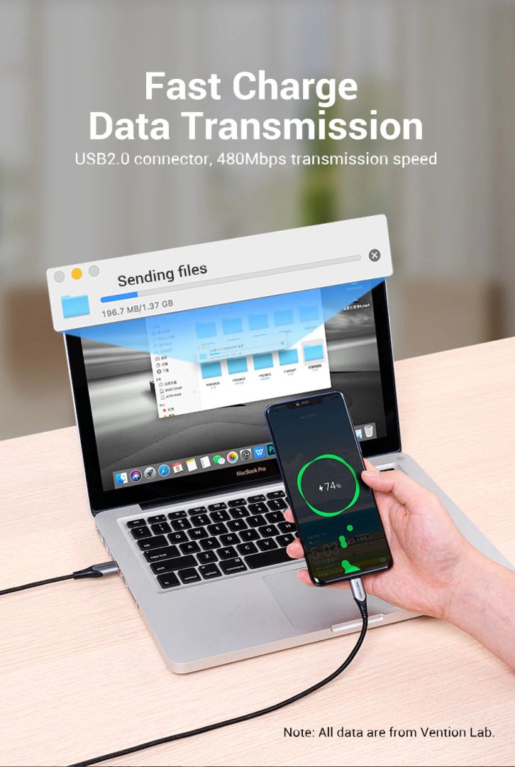 Vention Cotton Braided USB 2.0 A Male to C Male 3A Cable 2m Gray