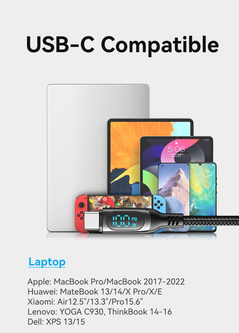 Vention Cotton Braided USB 2.0 C Male to C Male 5A Cable With LED Display 1,2m Black