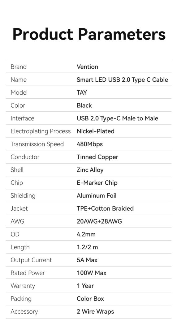 Vention Cotton Braided USB 2.0 C Male to C Male 5A Cable With LED Display 1,2m Black