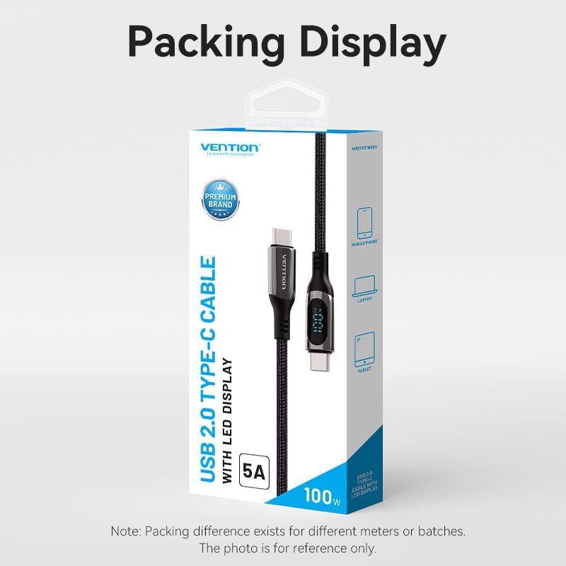 Vention Cotton Braided USB 2.0 C Male to C Male 5A Cable With LED Display 1,2m Black