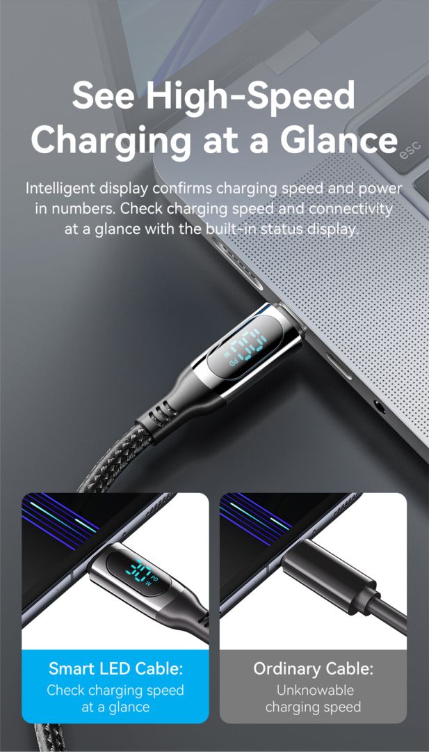 Vention Cotton Braided USB 2.0 C Male to C Male 5A Cable With LED Display 1,2m Black