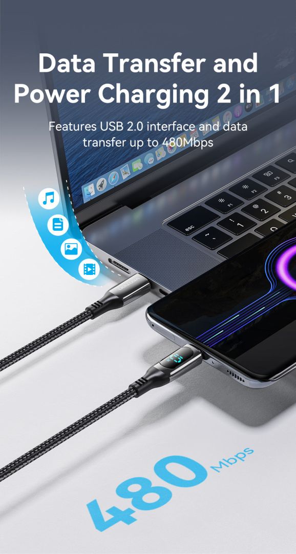 Vention Cotton Braided USB 2.0 C Male to C Male 5A Cable With LED Display 1,2m Black