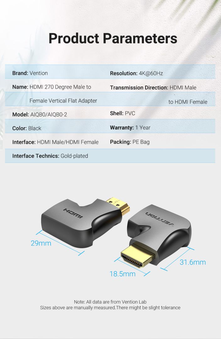 Vention HDMI 270 Degree Male to Female Vertical Flat Adapter Black