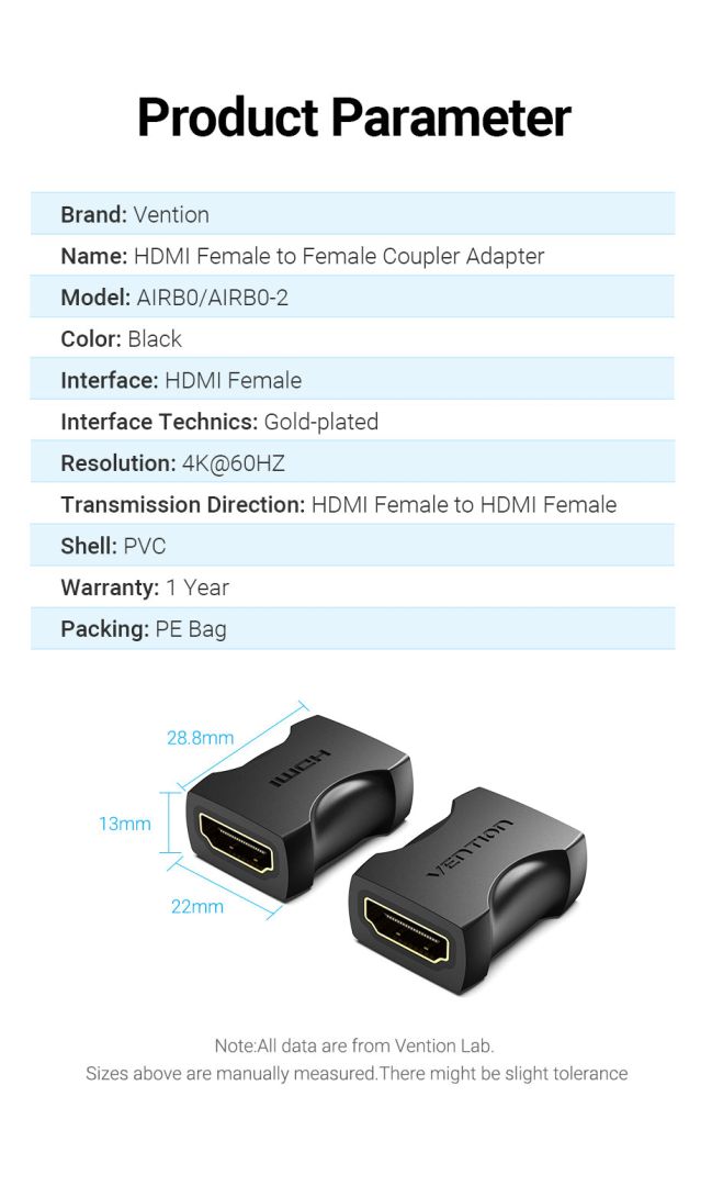 Vention HDMI Female to Female Coupler Adapter Black