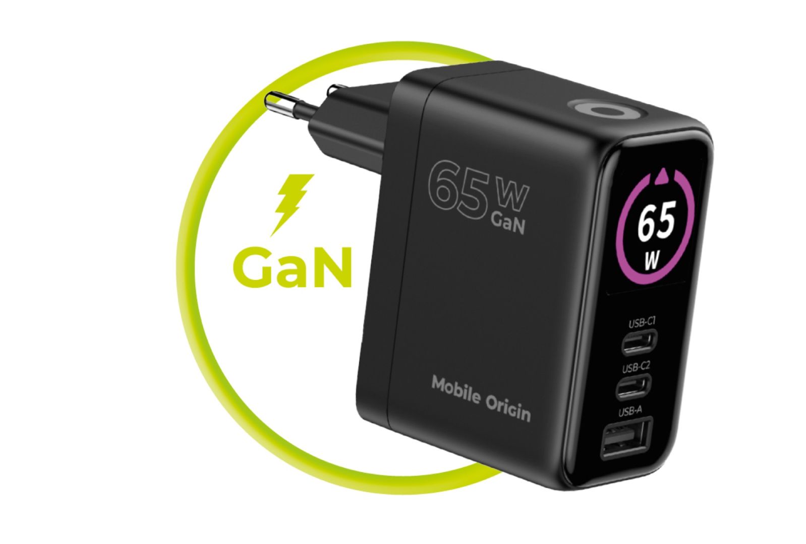 Mobile Origin 65W GaN TFT Display Charger PW20 - 2x USB-C + USB-A Black