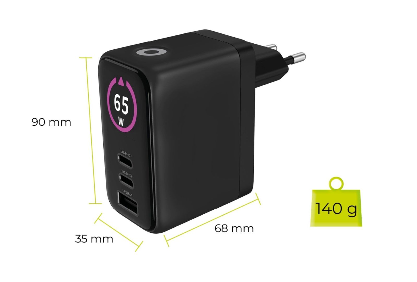 Mobile Origin 65W GaN TFT Display Charger PW20 - 2x USB-C + USB-A Black