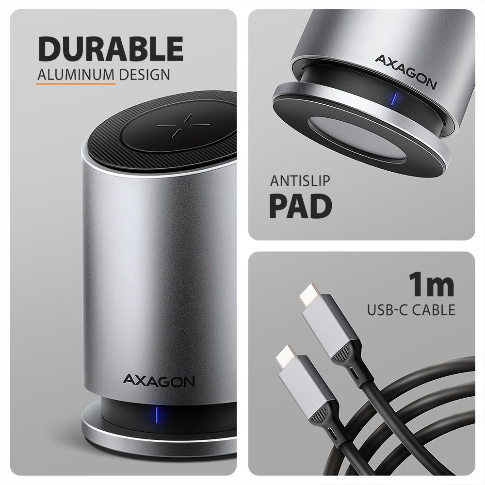 AXAGON HMC-WL9 9in1 hub USB-C 10 Gbps Wireless Charging  Grey