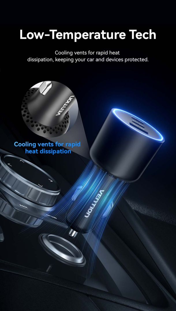 Vention Three-Port USB C+C+A (100W+30W+18W) Car Charger Black