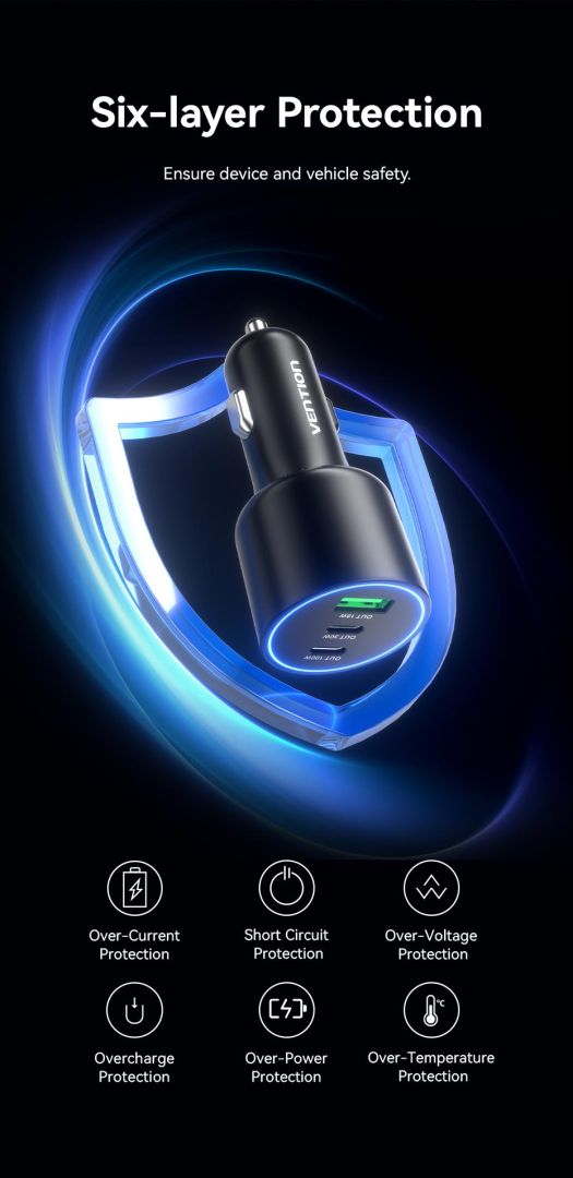 Vention Three-Port USB C+C+A (100W+30W+18W) Car Charger Black