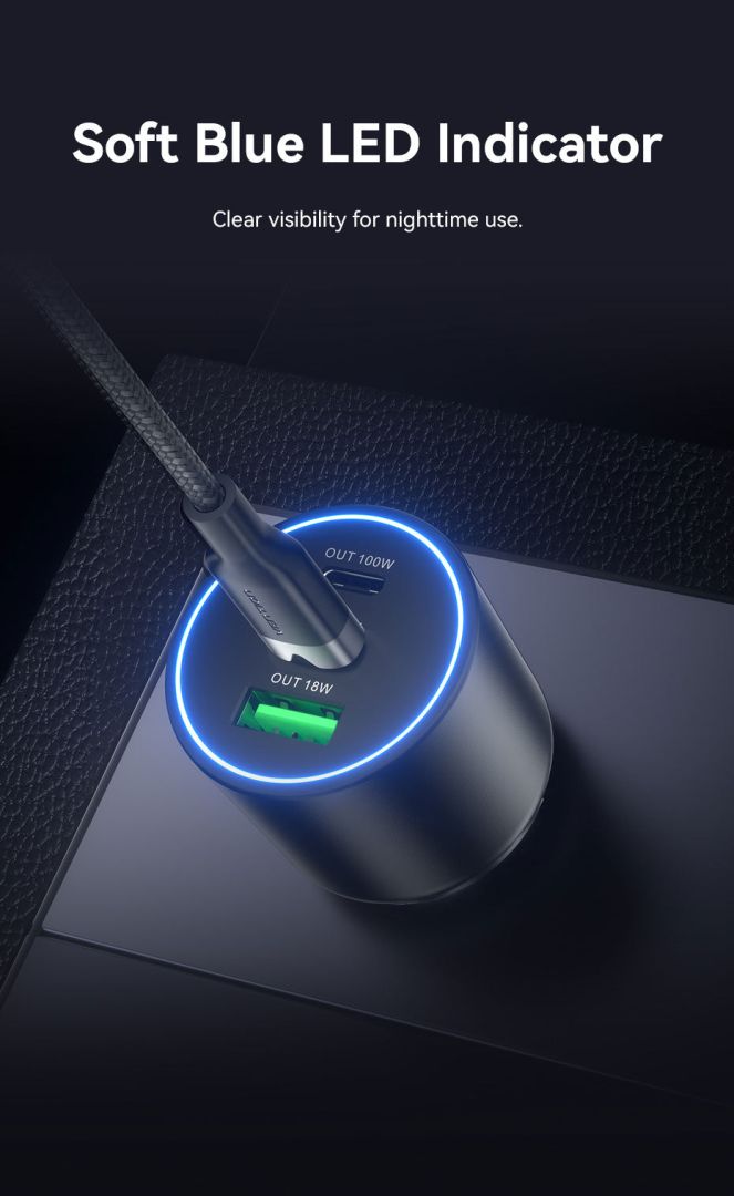 Vention Three-Port USB C+C+A (100W+30W+18W) Car Charger Black