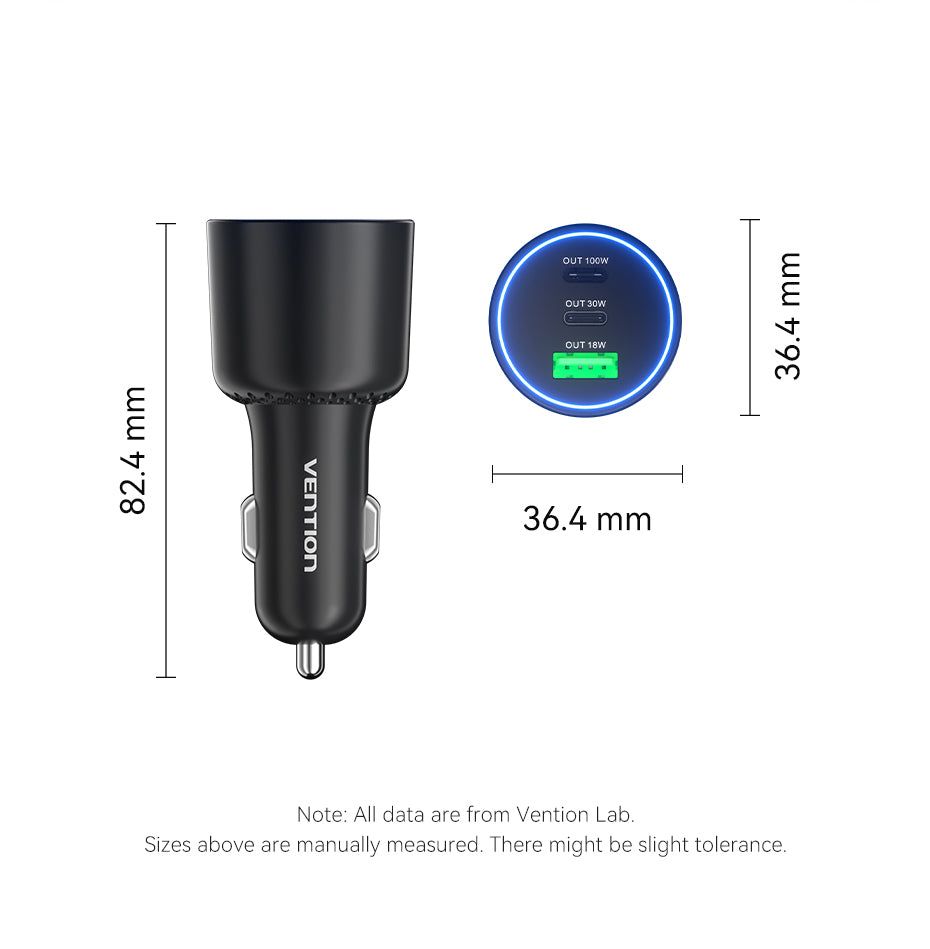 Vention Three-Port USB C+C+A (100W+30W+18W) Car Charger Black