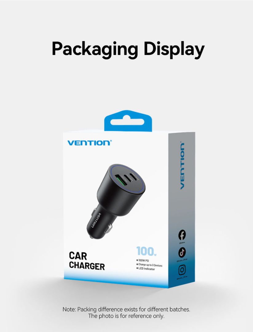 Vention Three-Port USB C+C+A (100W+30W+18W) Car Charger Black