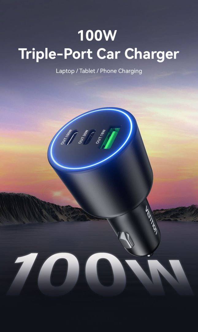 Vention Three-Port USB C+C+A (100W+30W+18W) Car Charger Black