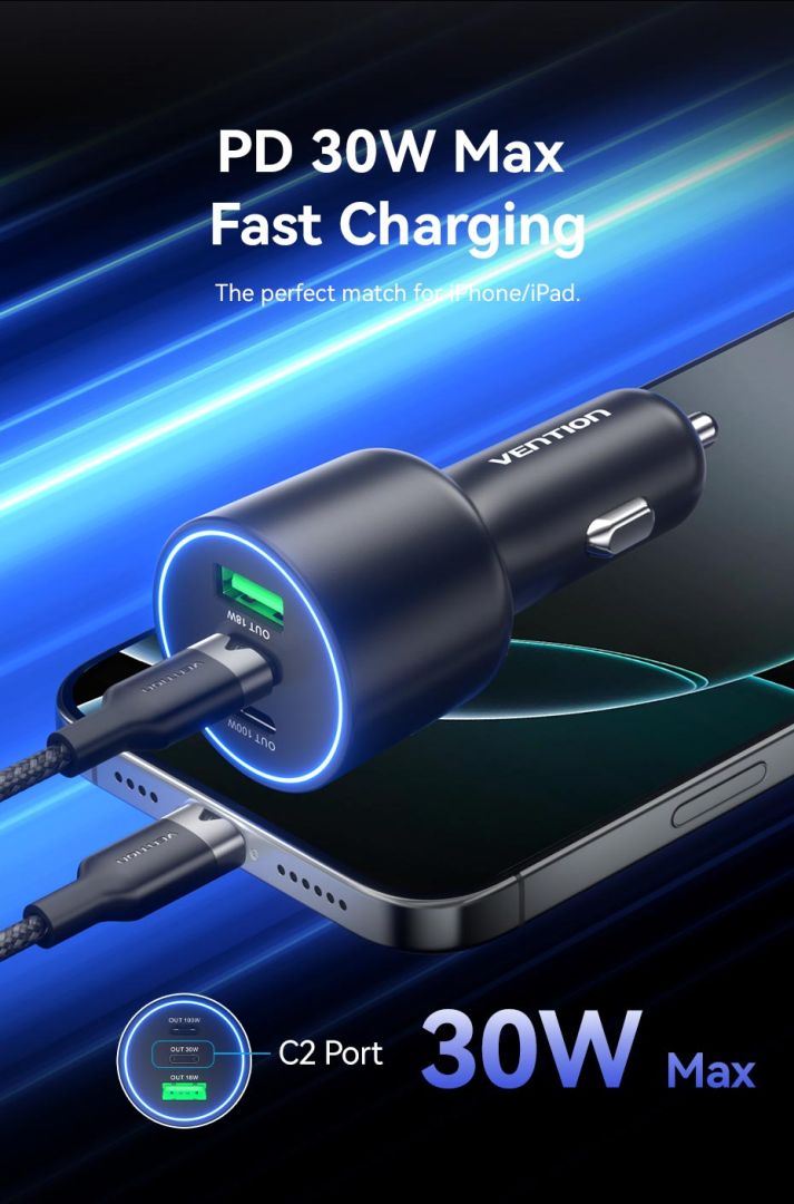 Vention Three-Port USB C+C+A (100W+30W+18W) Car Charger Black