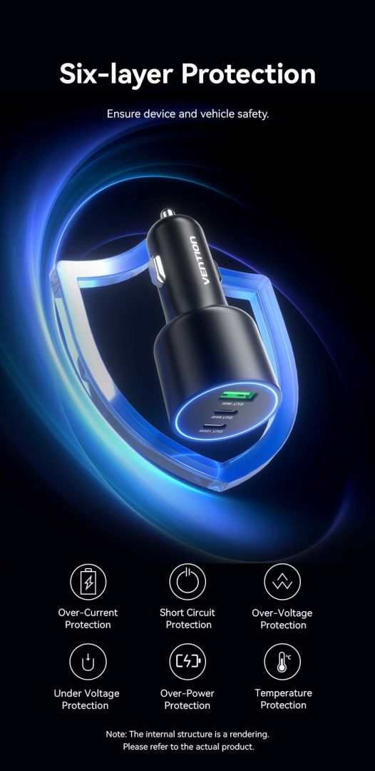 Vention Three-Port USB C+C+A (100W+65W+30W) Car Charger Black
