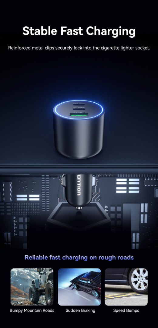 Vention Three-Port USB C+C+A (100W+65W+30W) Car Charger Black