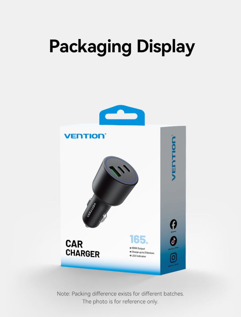 Vention Three-Port USB C+C+A (100W+65W+30W) Car Charger Black