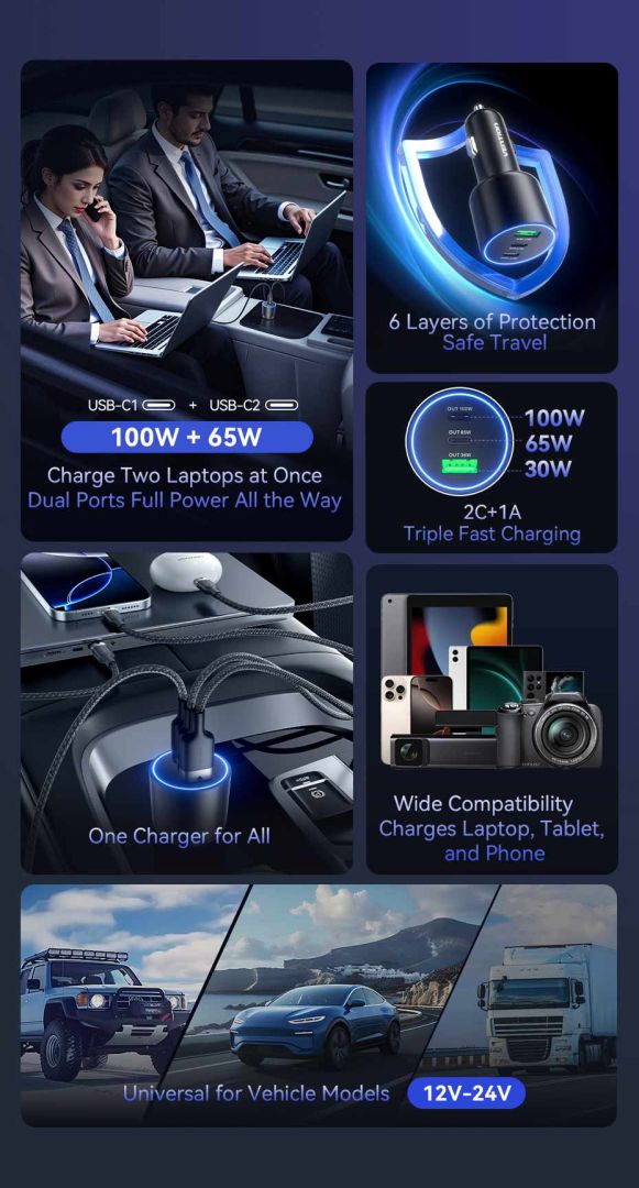 Vention Three-Port USB C+C+A (100W+65W+30W) Car Charger Black