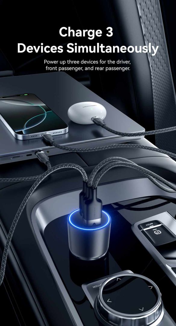 Vention Three-Port USB C+C+A (100W+65W+30W) Car Charger Black