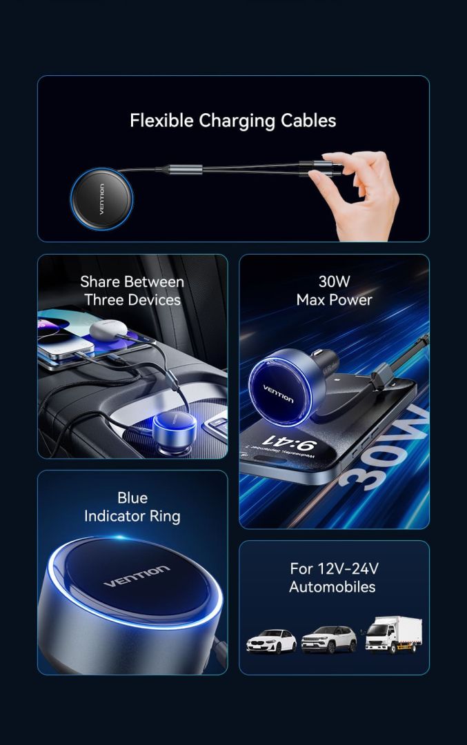 Vention Car Charger with Built-In Cable Black