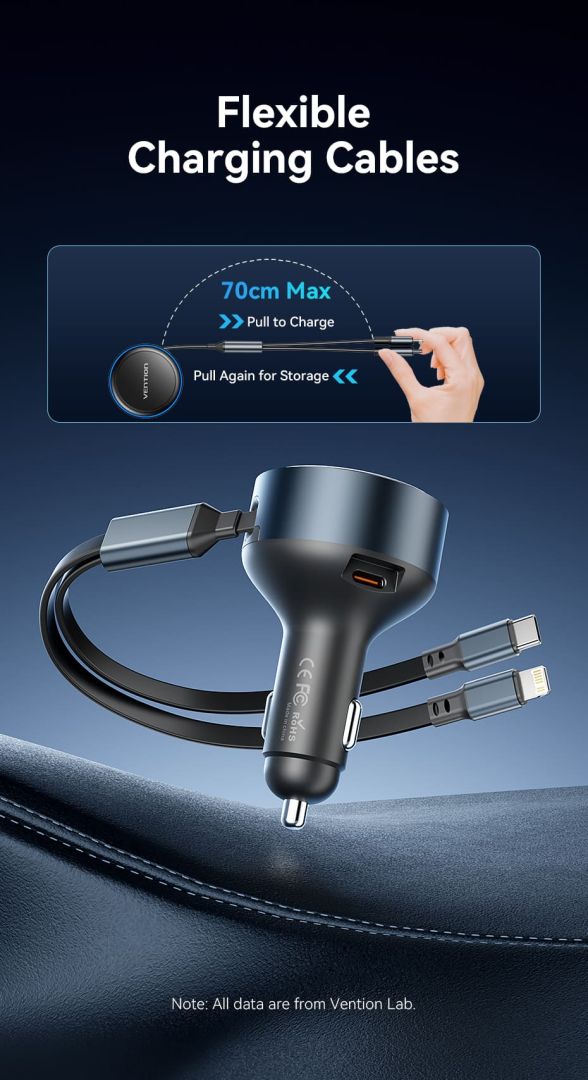 Vention Car Charger with Built-In Cable Black