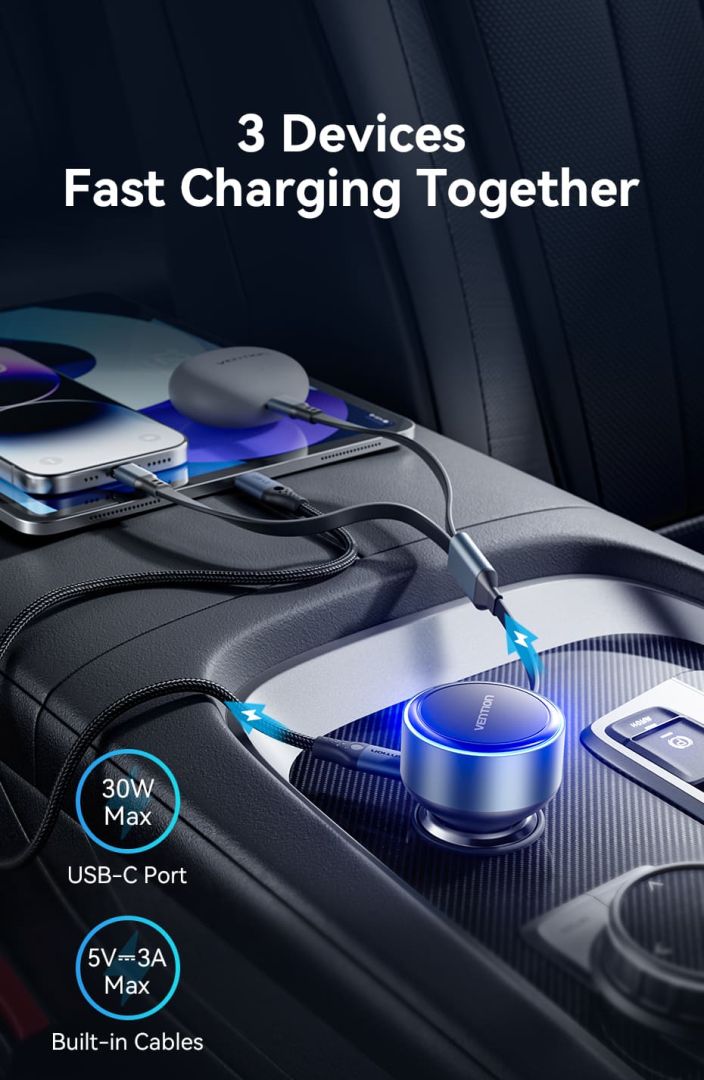 Vention Car Charger with Built-In Cable Black