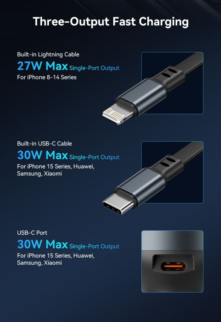 Vention Car Charger with Built-In Cable Black