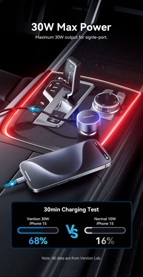 Vention Car Charger with Built-In Cable Black